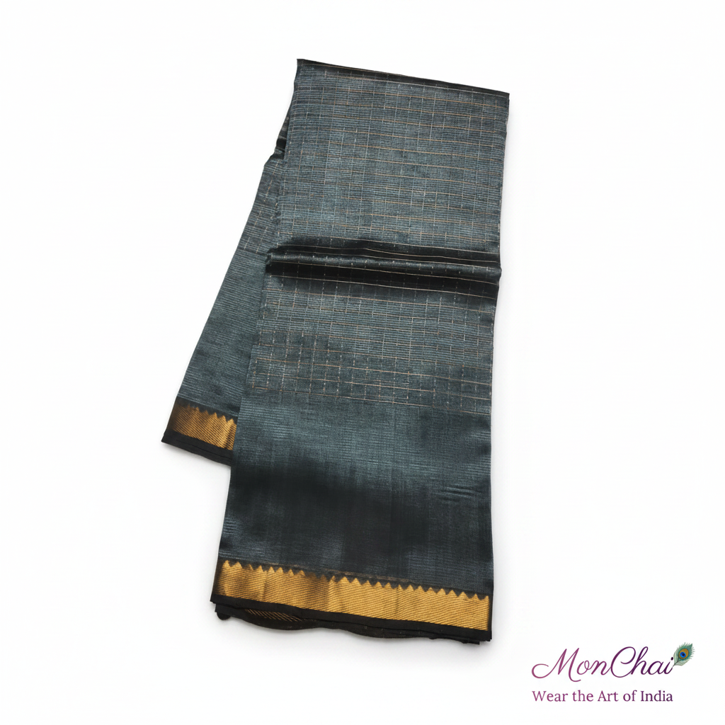 Mangalagiri Pure Handloom Lt Pattu Saree | Gold Zari Check & Border