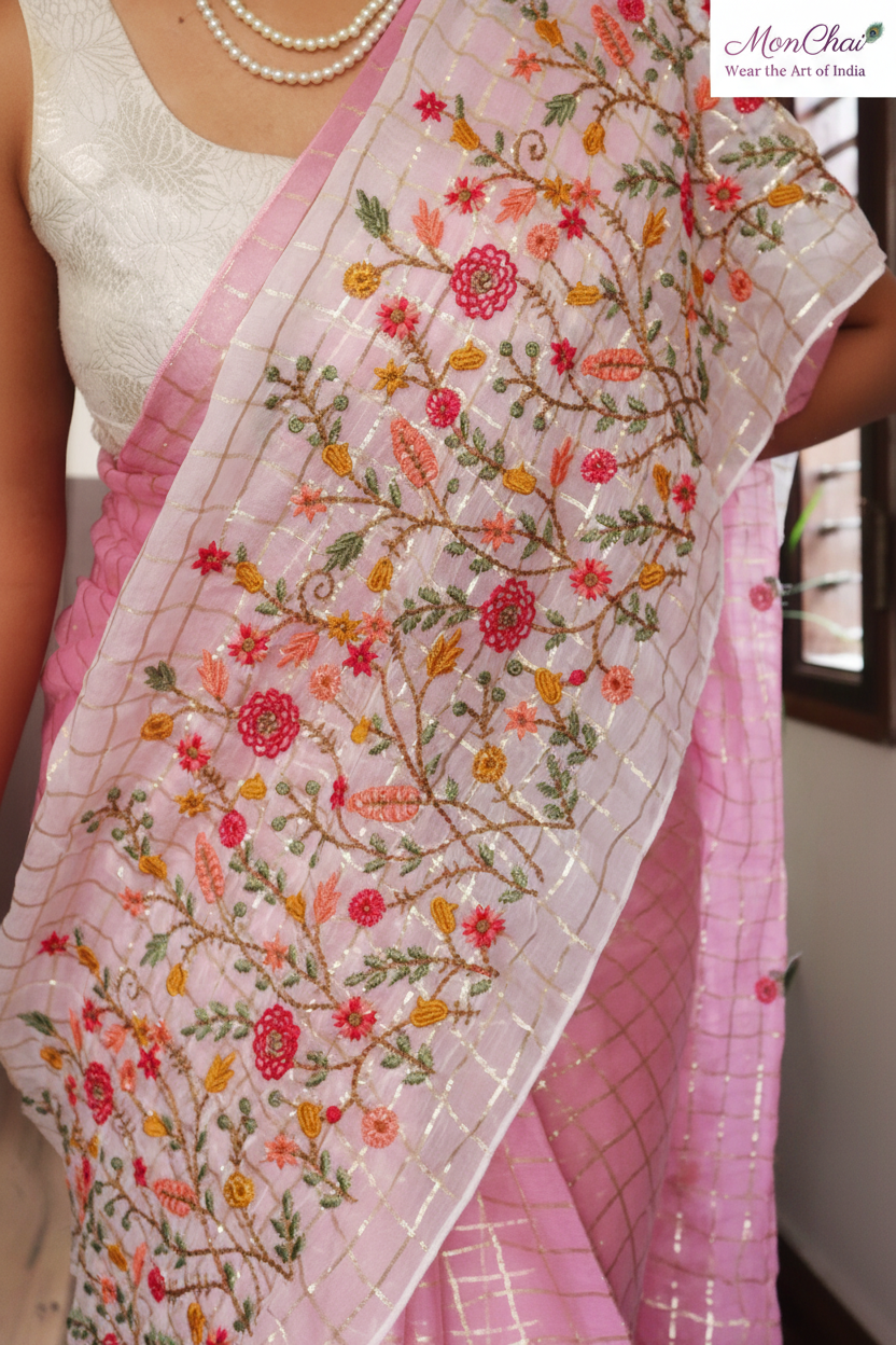 CHI-EMB-200525 | Floral Embroidery Pure Soft Georgette Saree with Golden Stripes