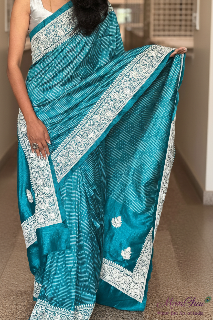 Semi-Tussar Silk Saree with Parsi Work Border & Blouse
