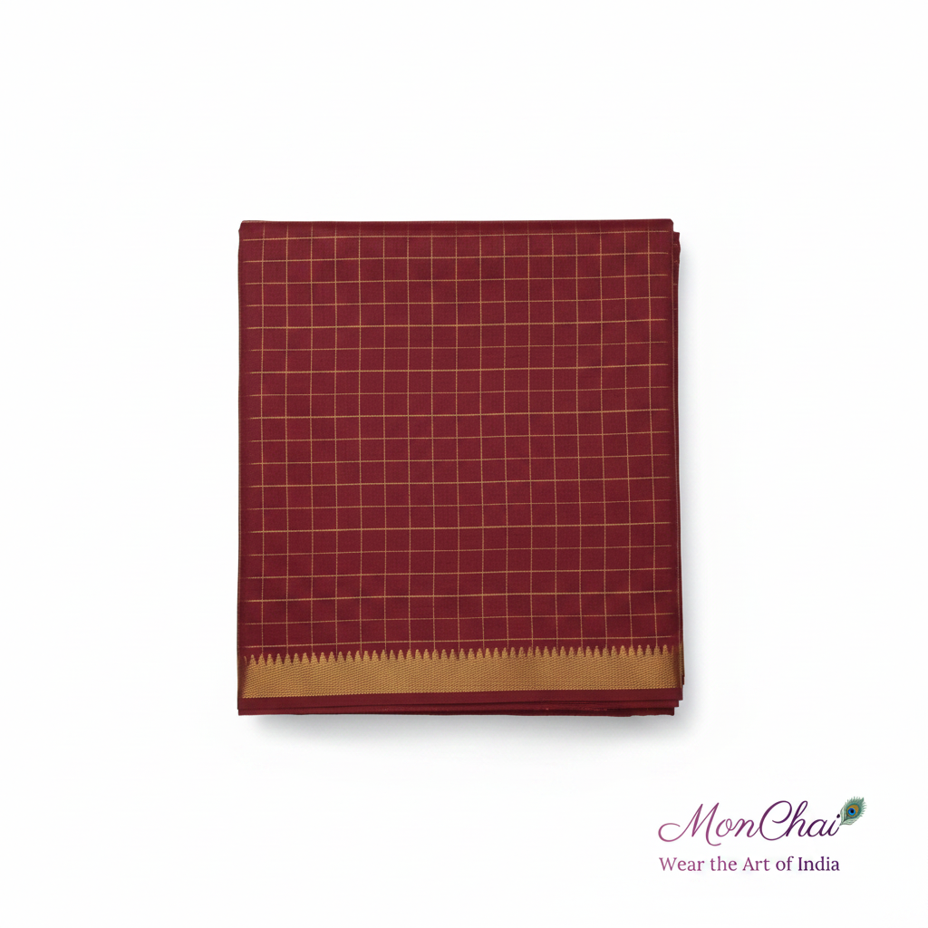 Mangalagiri Pure Handloom Lt Pattu Saree | Gold Zari Check & Border