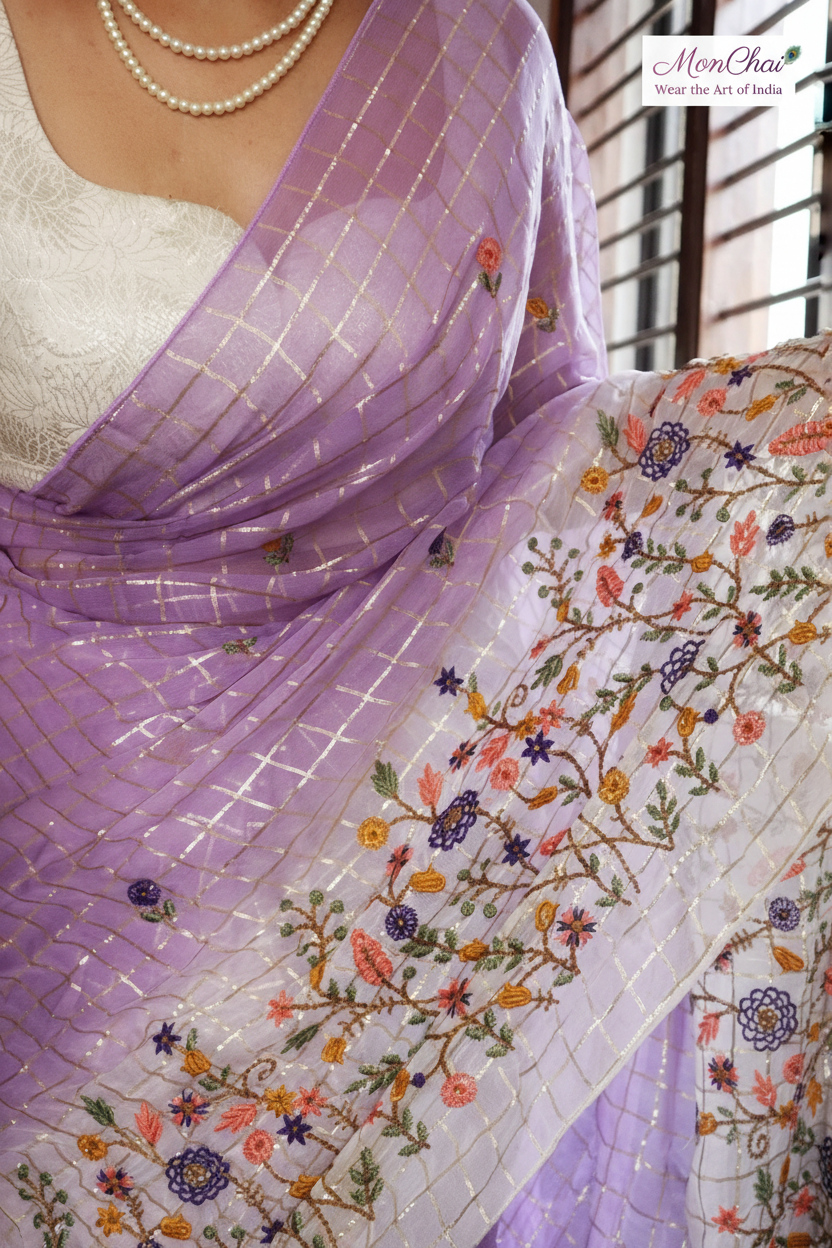 CHI-EMB-200525 | Floral Embroidery Pure Soft Georgette Saree with Golden Stripes