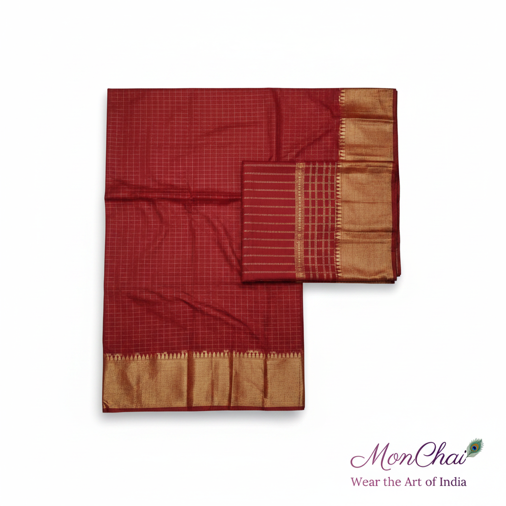 Mangalagiri Pure Handloom Lt Pattu Saree | Gold Zari Check & Border