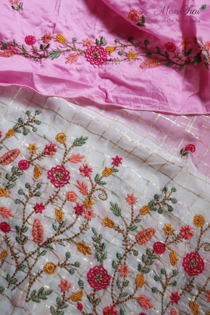 CHI-EMB-200525 | Floral Embroidery Pure Soft Georgette Saree with Golden Stripes