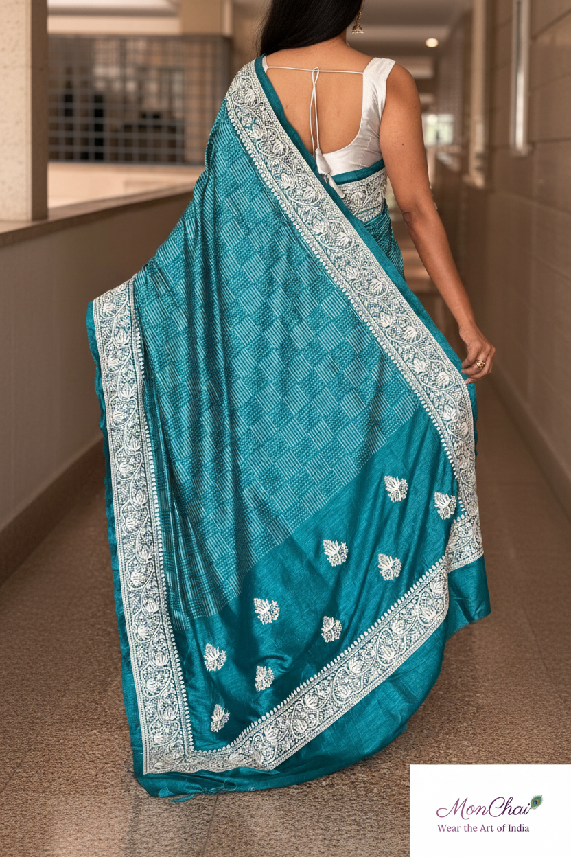 Semi-Tussar Silk Saree with Parsi Work Border & Blouse