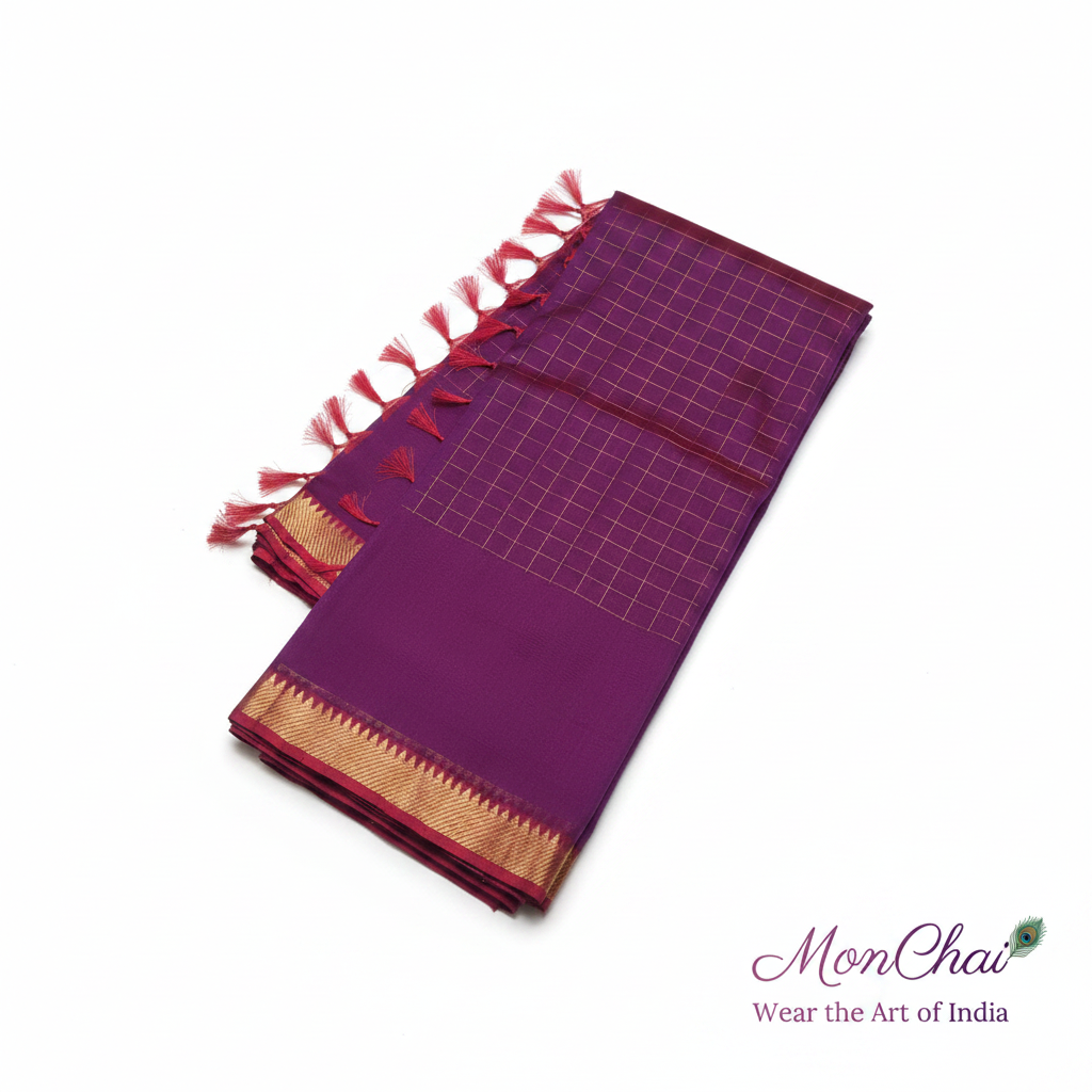 Mangalagiri Pure Handloom Lt Pattu Saree | Gold Zari Check & Border