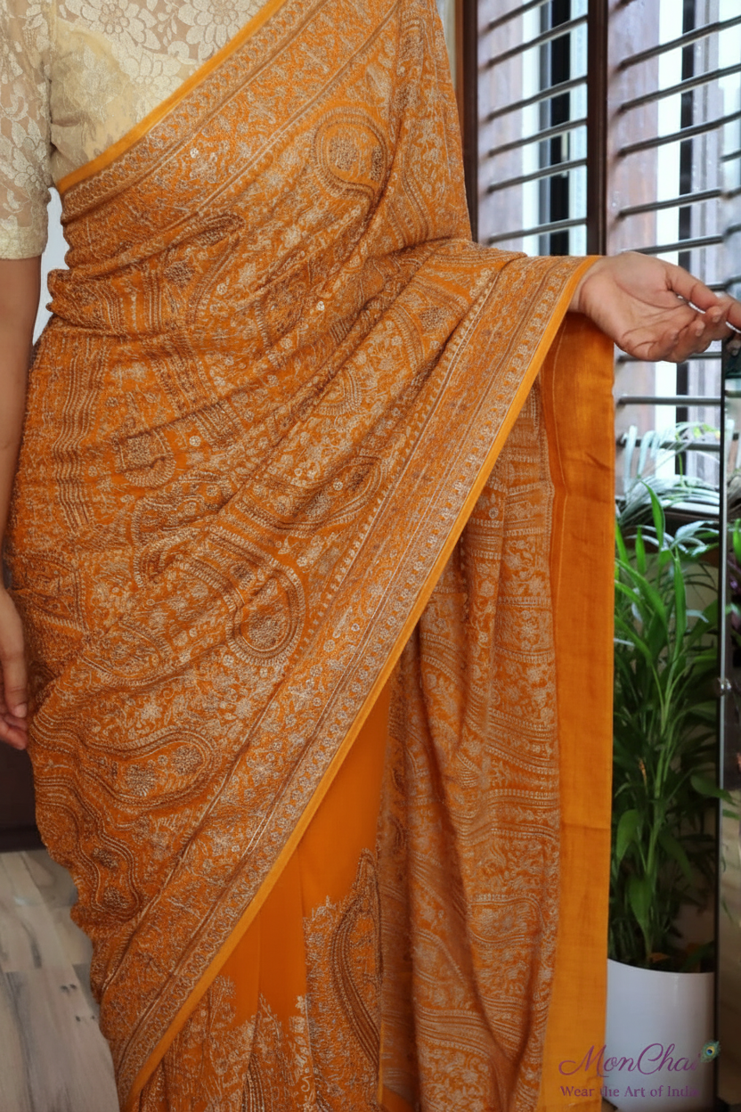 KAS-KAN-1925 | Zarkan & Swarovski Kani Embroidery Pure Georgette Saree