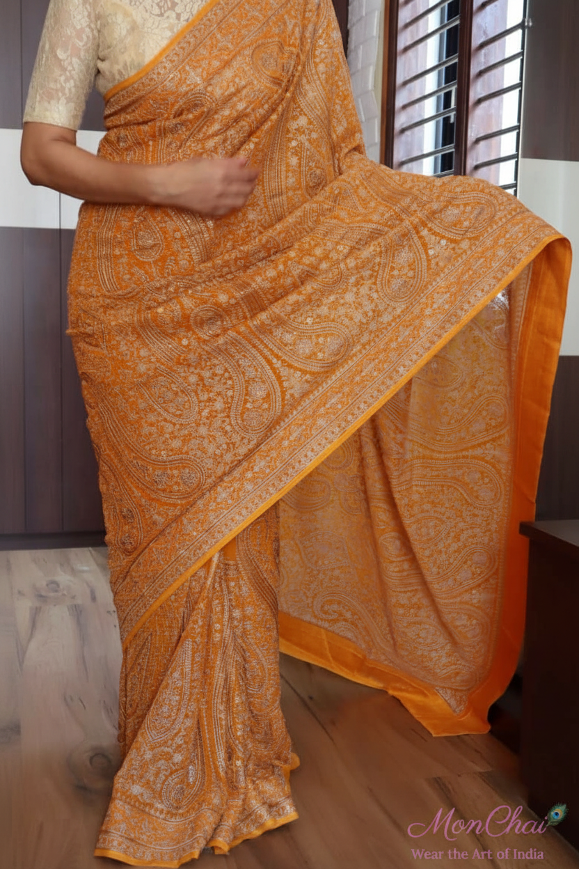 KAS-KAN-1925 | Zarkan & Swarovski Kani Embroidery Pure Georgette Saree