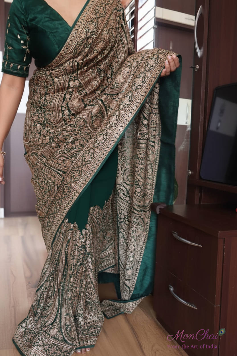 KAS-KAN-1925 | Zarkan & Swarovski Kani Embroidery Pure Georgette Saree