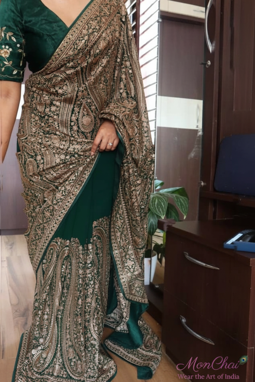 KAS-KAN-1925 | Zarkan & Swarovski Kani Embroidery Pure Georgette Saree