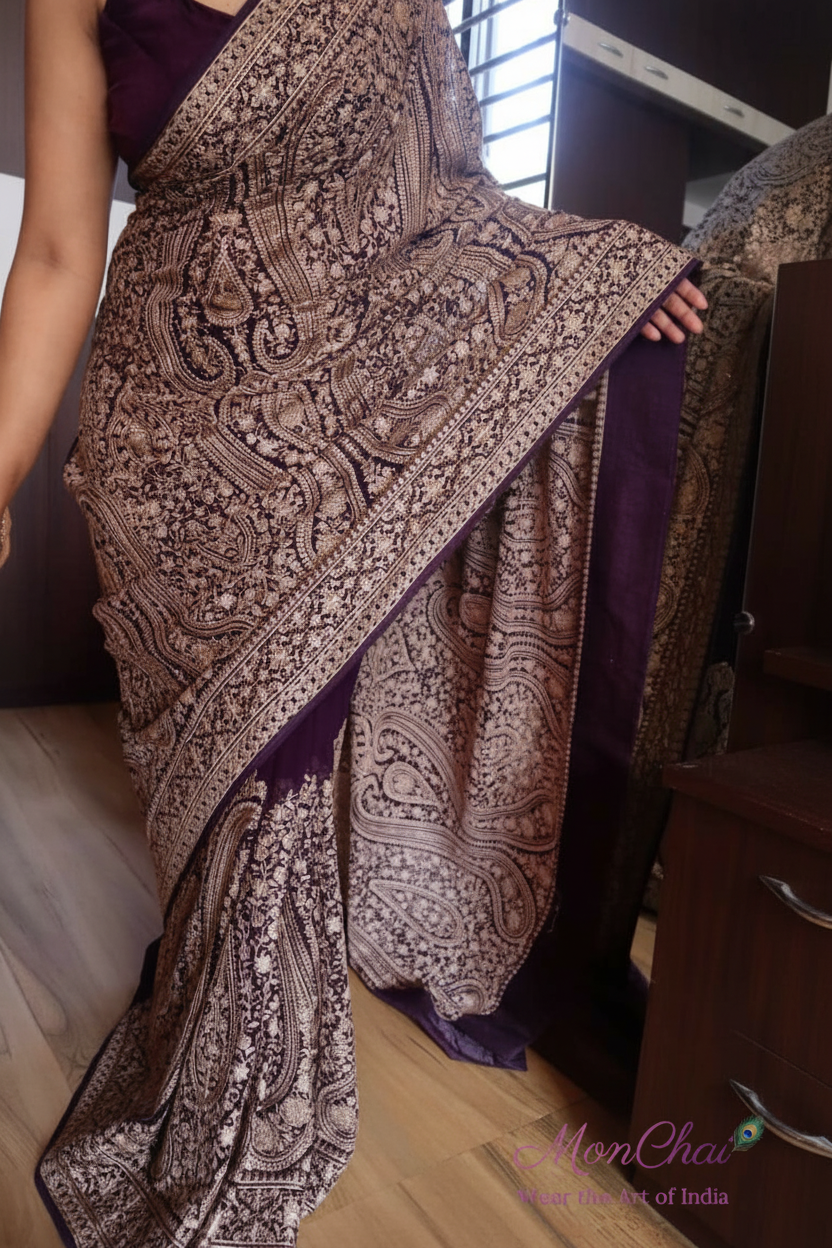 KAS-KAN-1925 | Zarkan & Swarovski Kani Embroidery Pure Georgette Saree