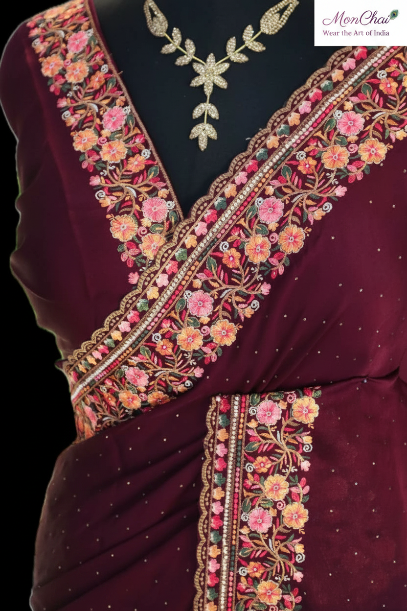 Maroon Pure Chiffon Silk Saree with Floral Embroidery, Cutwork Border & Swarovski Crystals