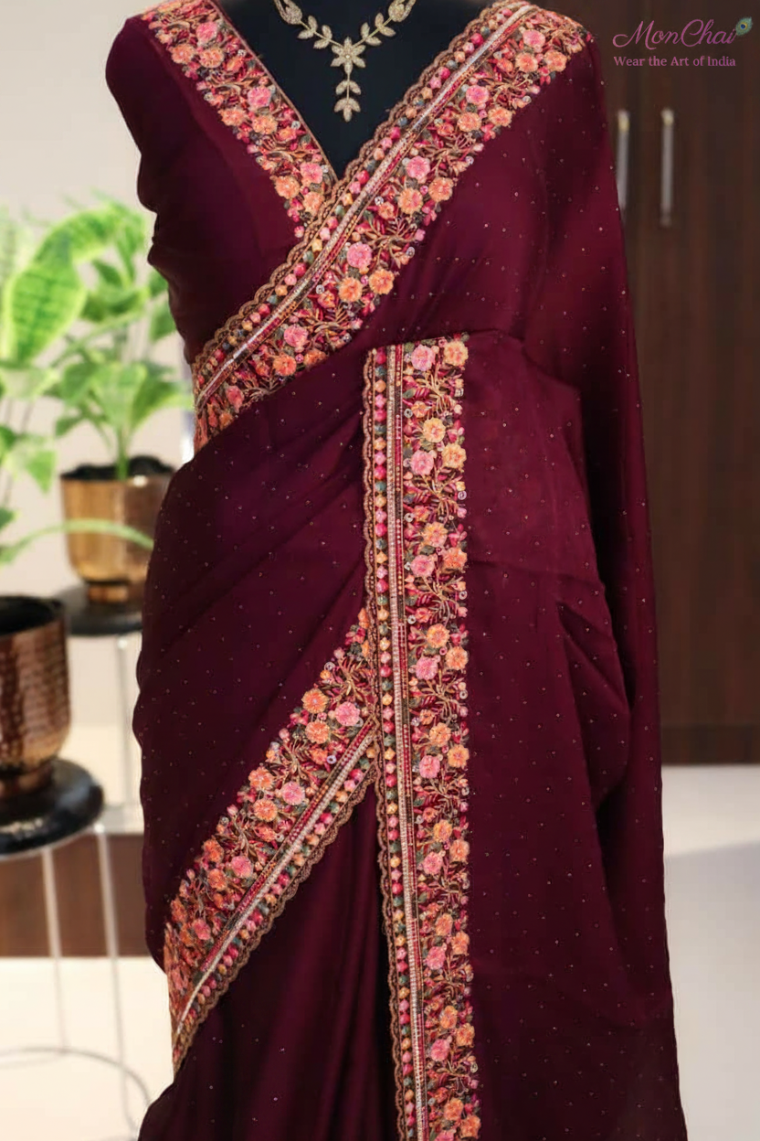 Maroon Pure Chiffon Silk Saree with Floral Embroidery, Cutwork Border & Swarovski Crystals