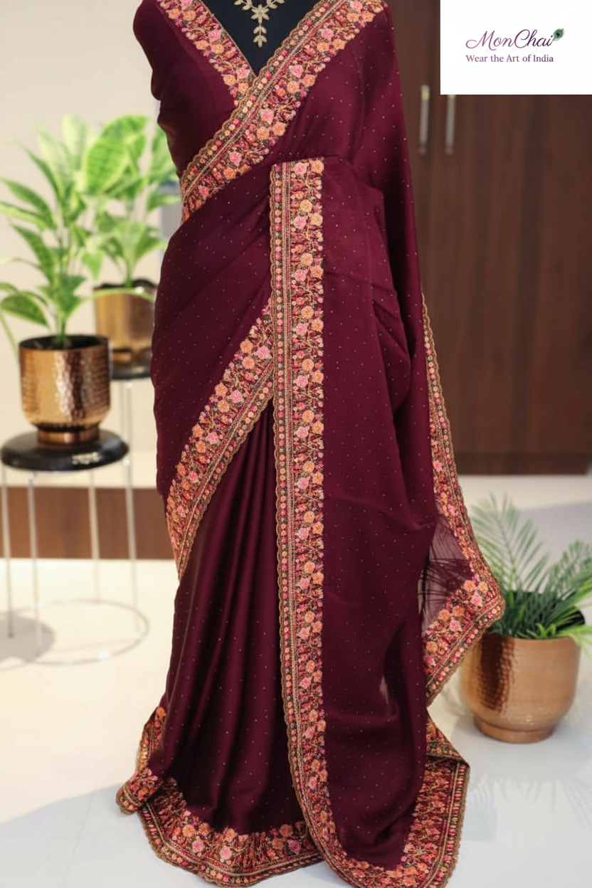 Maroon Pure Chiffon Silk Saree with Floral Embroidery, Cutwork Border & Swarovski Crystals