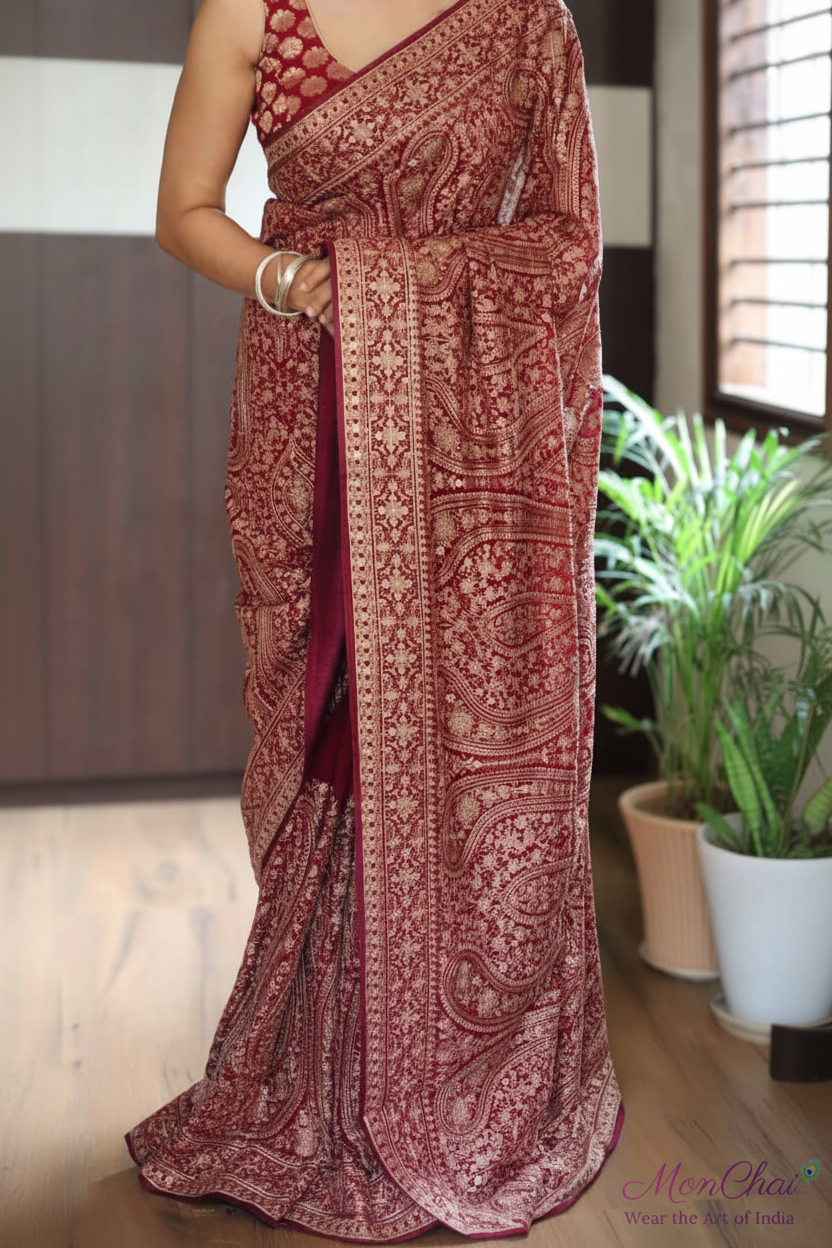 KAS-KAN-1925 | Zarkan & Swarovski Kani Embroidery Pure Georgette Saree