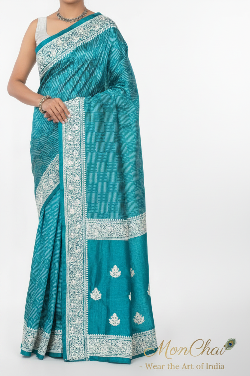 Semi-Tussar Silk Saree with Parsi Work Border & Blouse