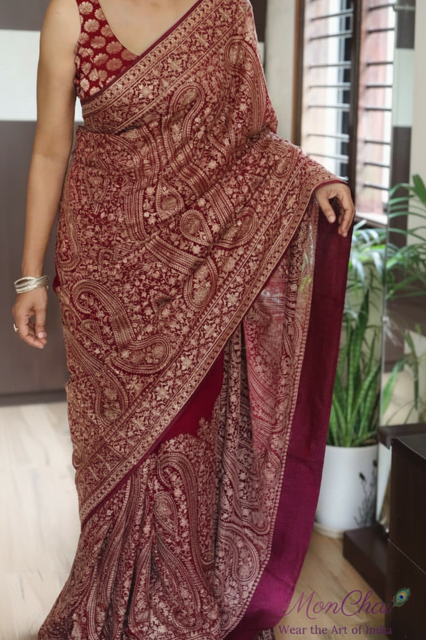KAS-KAN-1925 | Zarkan & Swarovski Kani Embroidery Pure Georgette Saree