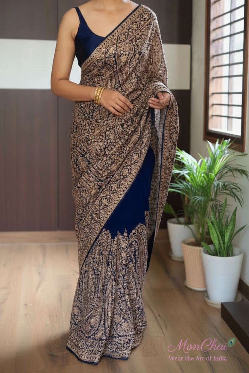 KAS-KAN-1925 | Zarkan & Swarovski Kani Embroidery Pure Georgette Saree