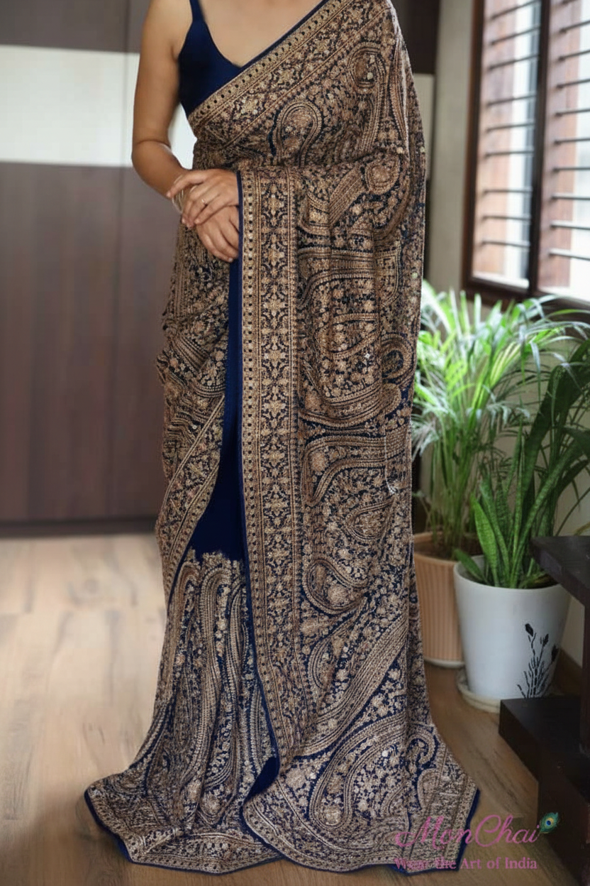 KAS-KAN-1925 | Zarkan & Swarovski Kani Embroidery Pure Georgette Saree