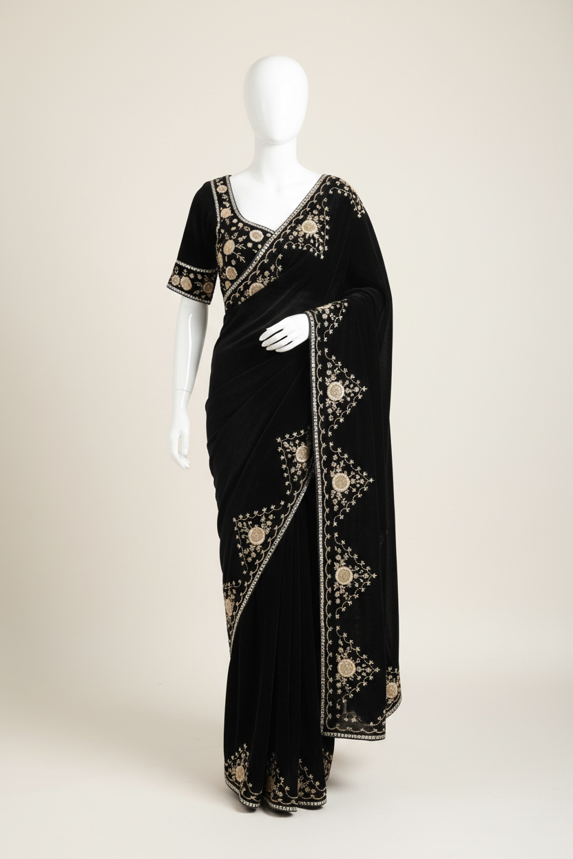 VLB-HWR-230526 Black Velvet Saree — mannequin view