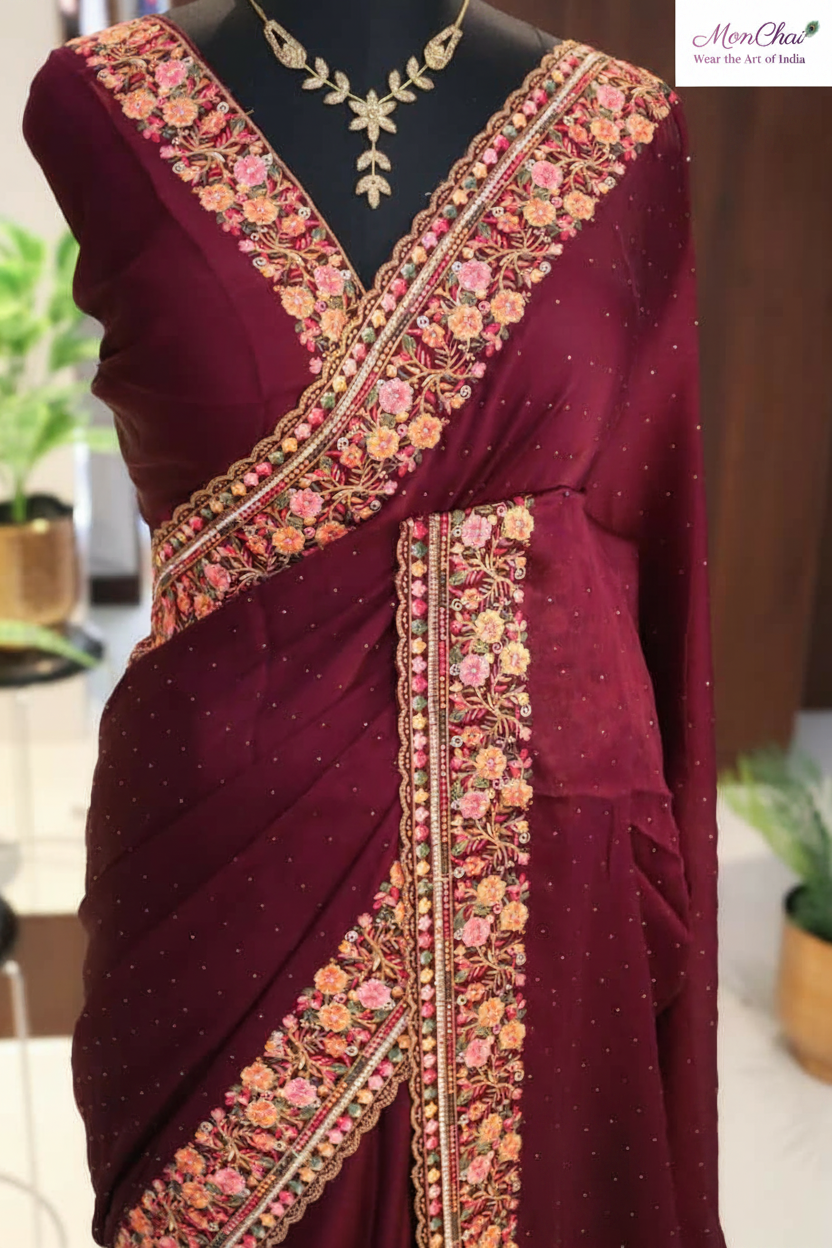 Maroon Pure Chiffon Silk Saree with Floral Embroidery, Cutwork Border & Swarovski Crystals