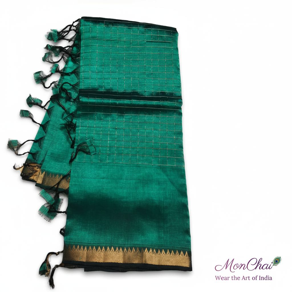 Mangalagiri Pure Handloom Lt Pattu Saree | Gold Zari Check & Border