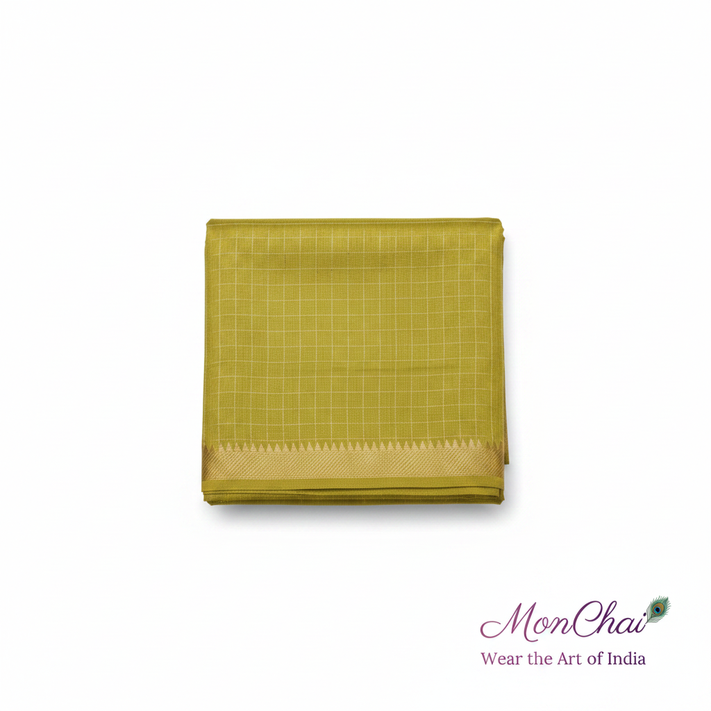 Mangalagiri Pure Handloom Lt Pattu Saree | Gold Zari Check & Border