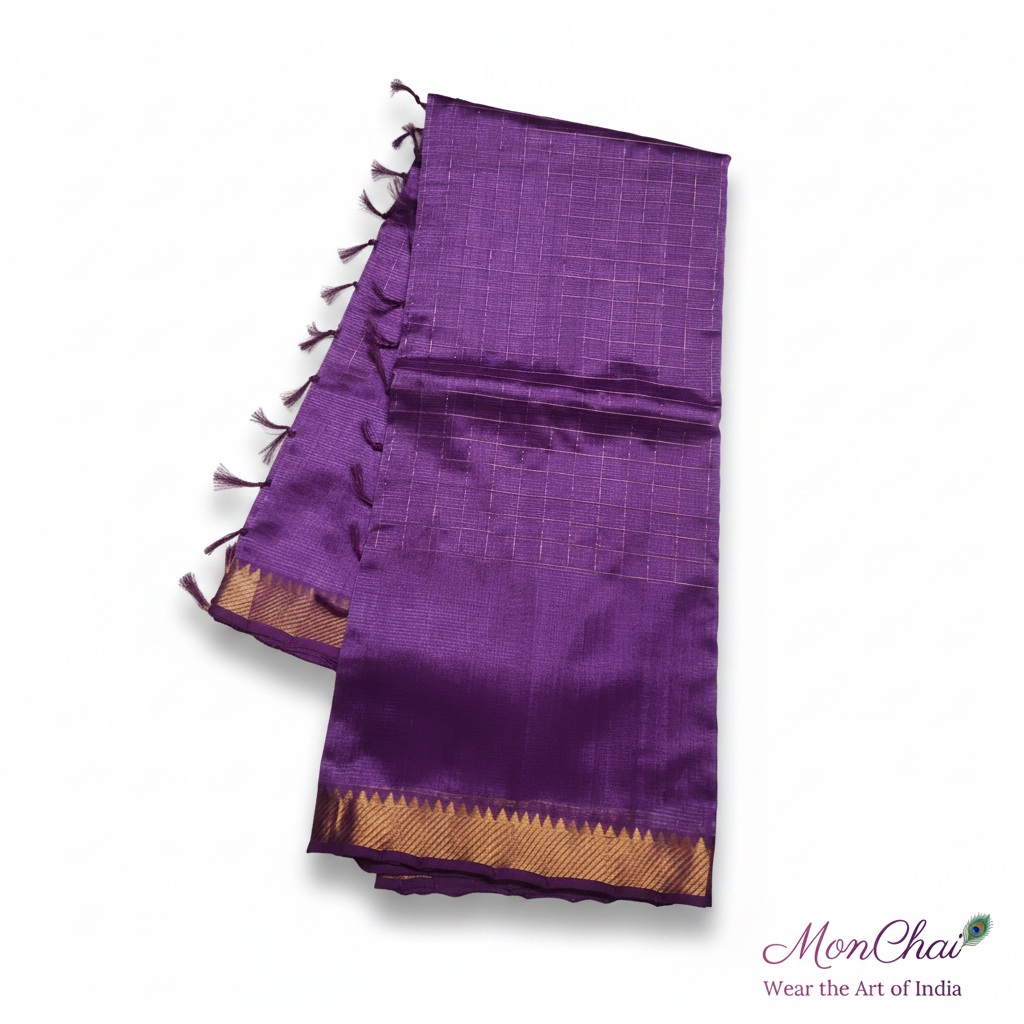 Mangalagiri Pure Handloom Lt Pattu Saree | Gold Zari Check & Border