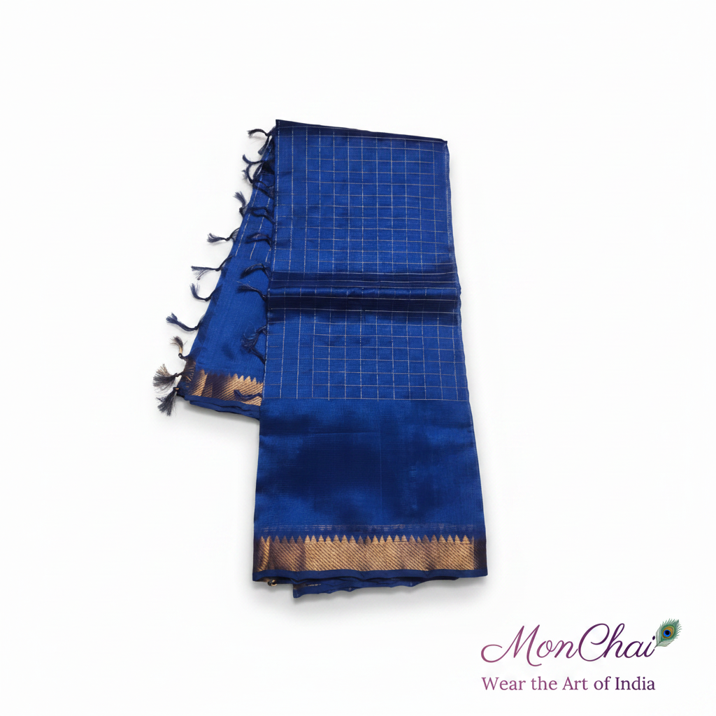 Mangalagiri Pure Handloom Lt Pattu Saree | Gold Zari Check & Border