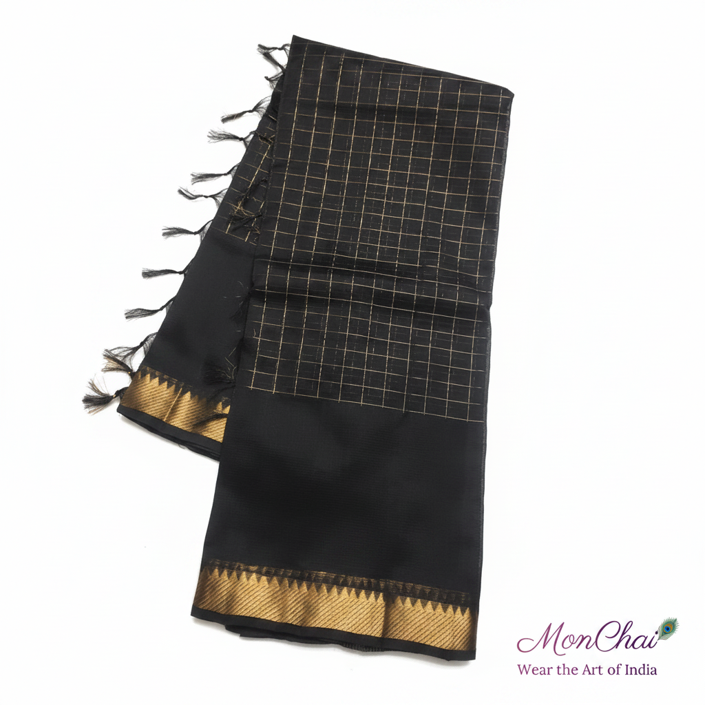 Mangalagiri Pure Handloom Lt Pattu Saree | Gold Zari Check & Border