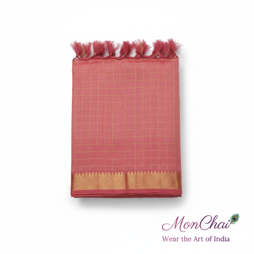 Mangalagiri Pure Handloom Lt Pattu Saree | Gold Zari Check & Border