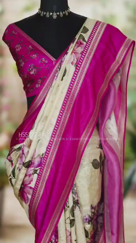 HS5272 | Pure Munga Crepe Silk Saree with Designer Floral Print & Brocade Pallu
