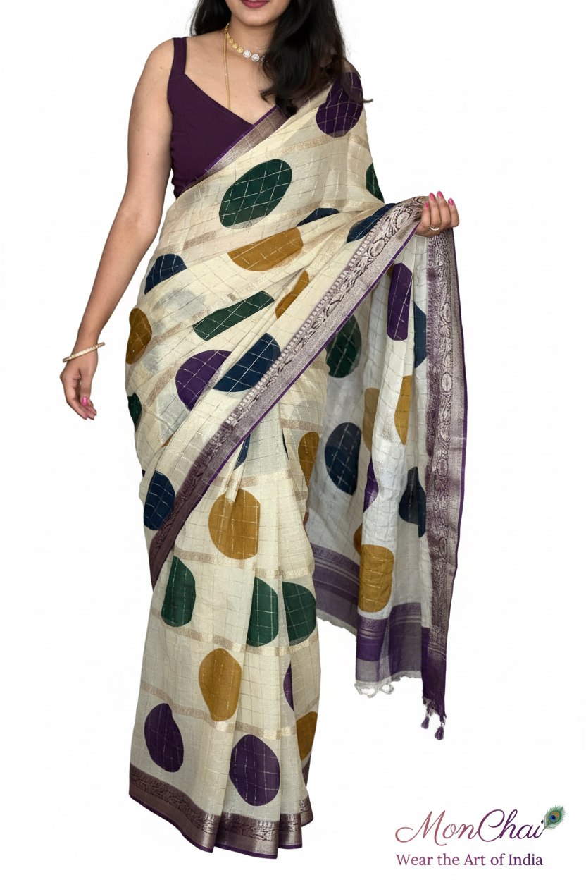 Banarasi Crape Silk Saree with Zari Lines, Kaddi Border & Contrast Chit Pallu