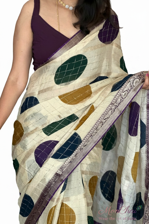 Banarasi Crape Silk Saree with Zari Lines, Kaddi Border & Contrast Chit Pallu