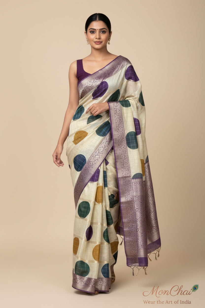 Banarasi Crape Silk Saree with Zari Lines, Kaddi Border & Contrast Chit Pallu