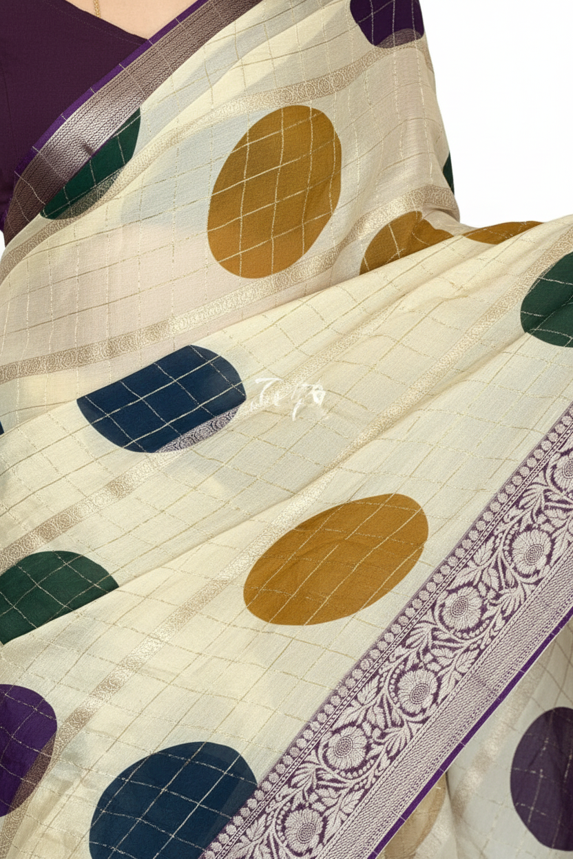 Banarasi Crape Silk Saree with Zari Lines, Kaddi Border & Contrast Chit Pallu