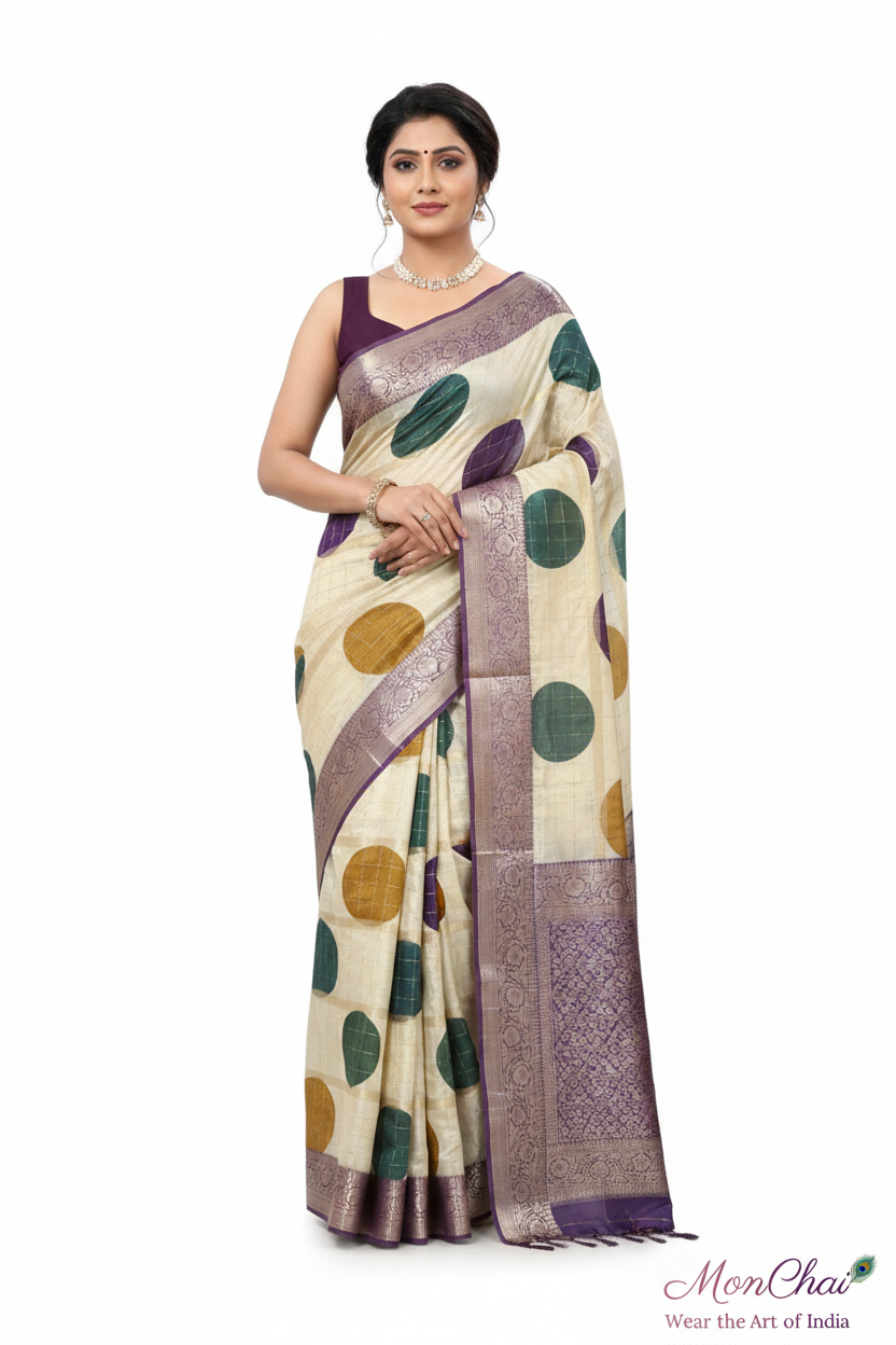 Banarasi Crape Silk Saree with Zari Lines, Kaddi Border & Contrast Chit Pallu