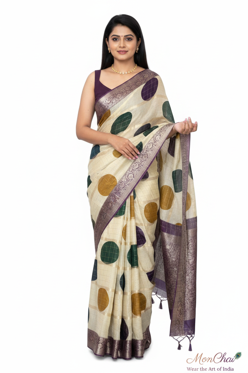 Banarasi Crape Silk Saree with Zari Lines, Kaddi Border & Contrast Chit Pallu